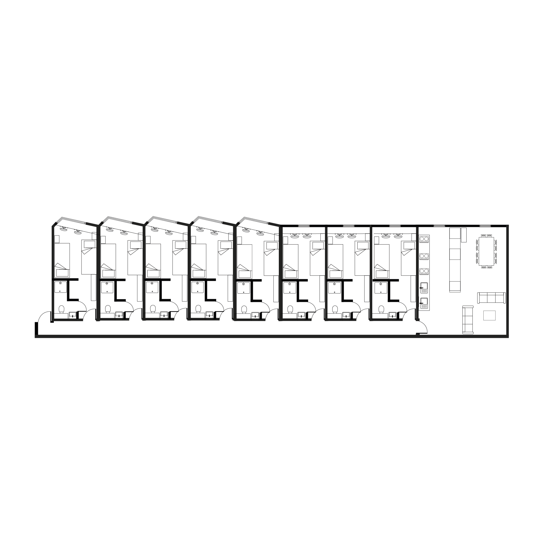 Contemporary floor plan showcasing 7 identical bedrooms each with an ensuite, adjoining a communal kitchen and spacious dining area.