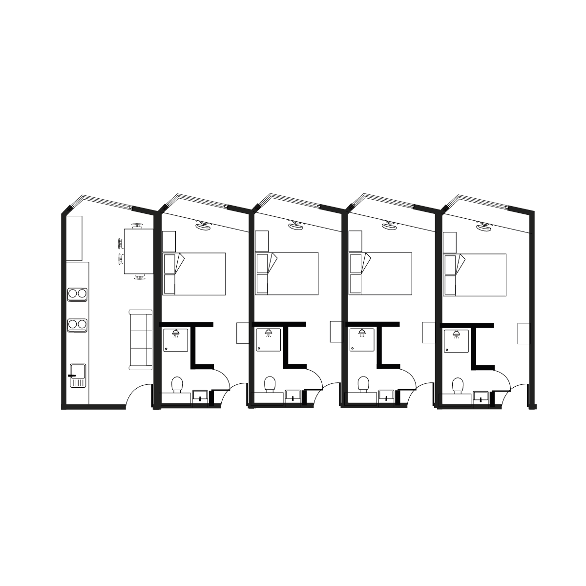 Contemporary floor plan showcasing four one-bedroom units, each with private bathroom and compact living area.