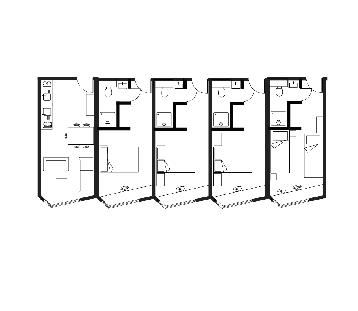 Modern 4-bedroom apartment floor plan with open living space and sleek kitchen layout.