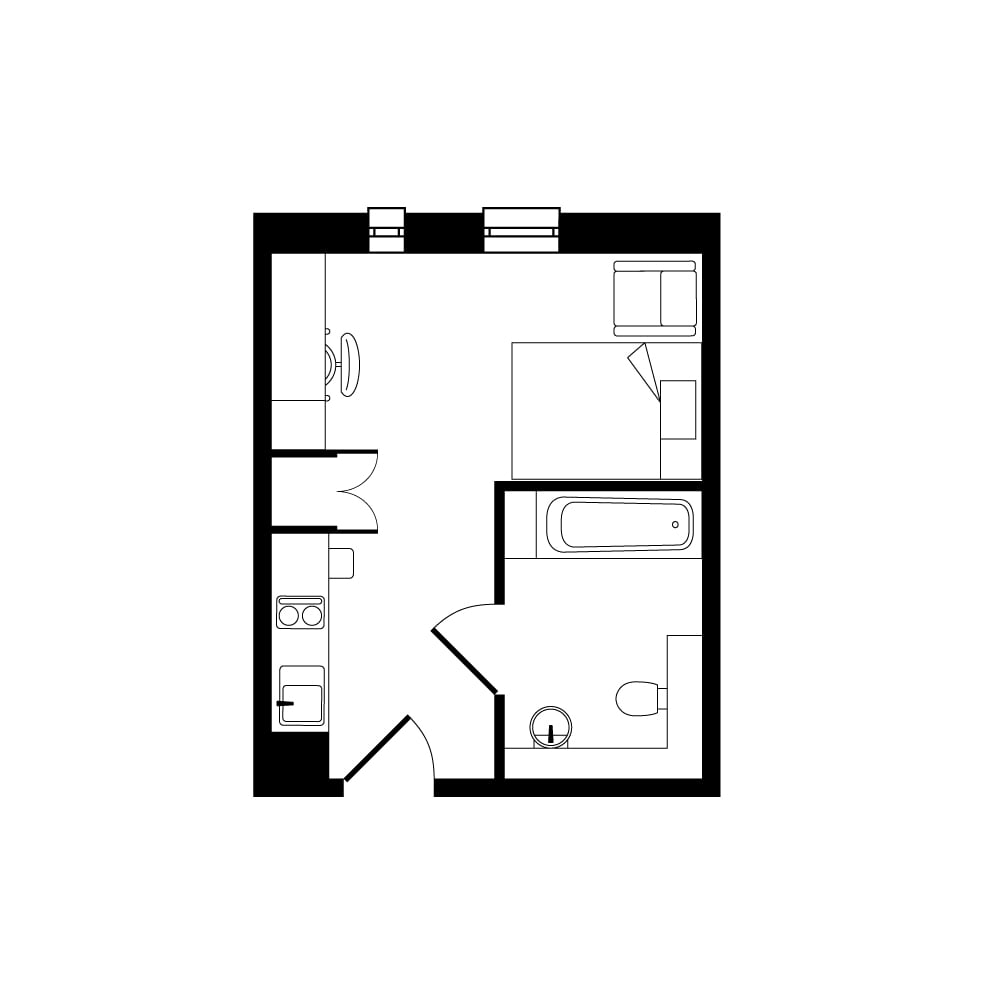 Efficient studio apartment floor plan featuring a compact kitchen, cozy living area, and a modern bathroom.