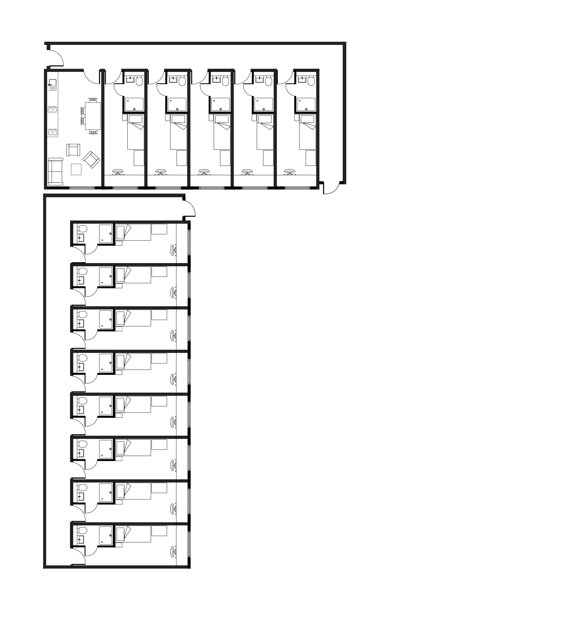 Modern L-shaped floor plan with multiple compact bedrooms and communal living area, ideal for urban living.