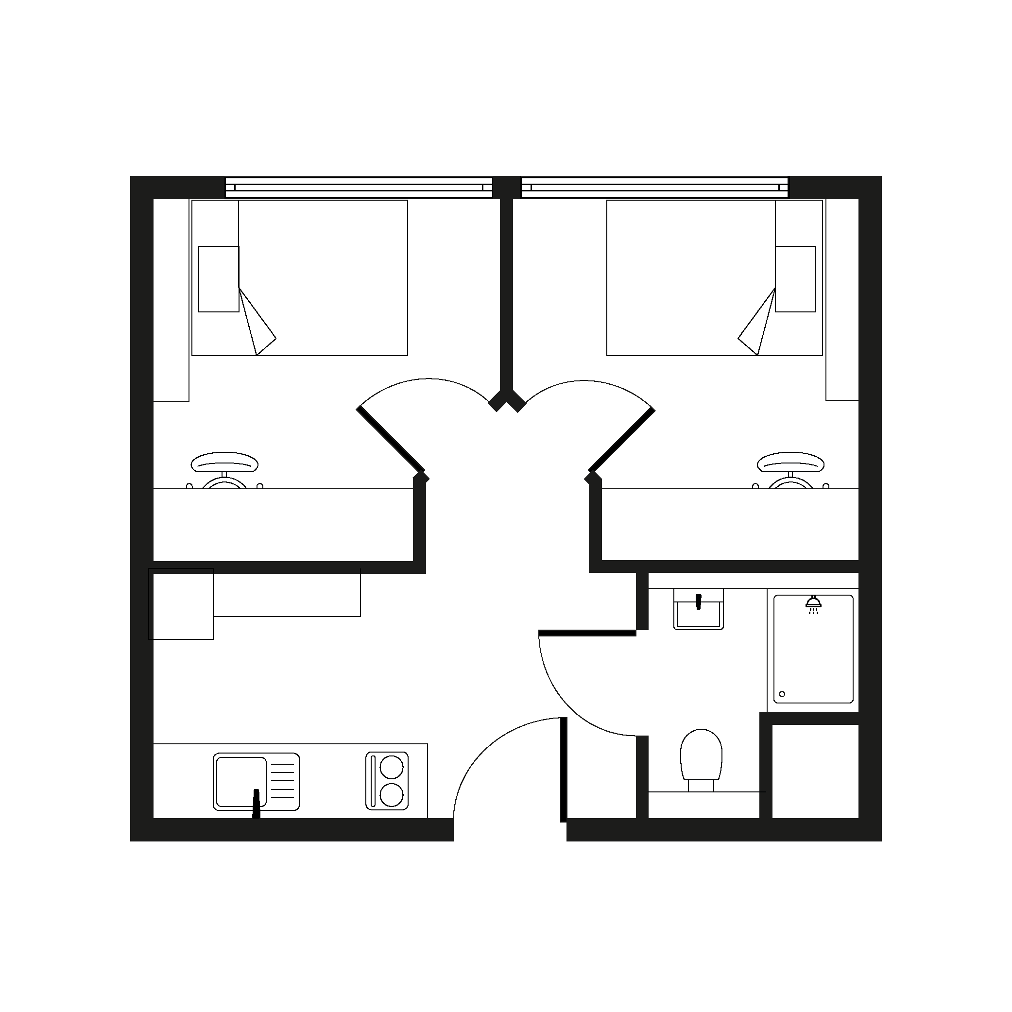 Modern 2D floor plan with two symmetrical office spaces and shared bathroom layout, ideal for professional settings.