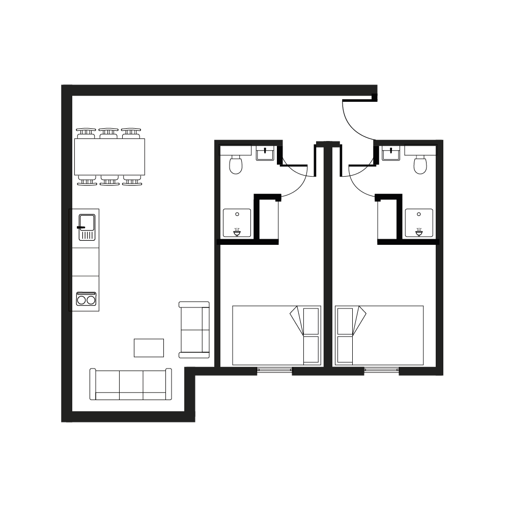 Modern floor plan showcasing 2 spacious bedrooms, a sleek open kitchen, vibrant dining area, and cozy living space.