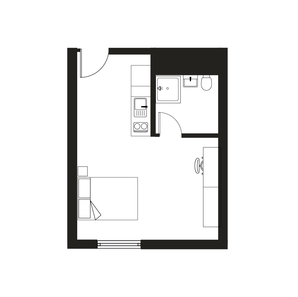 Modern studio apartment floor plan featuring an open living space, compact kitchen, and a private bathroom.
