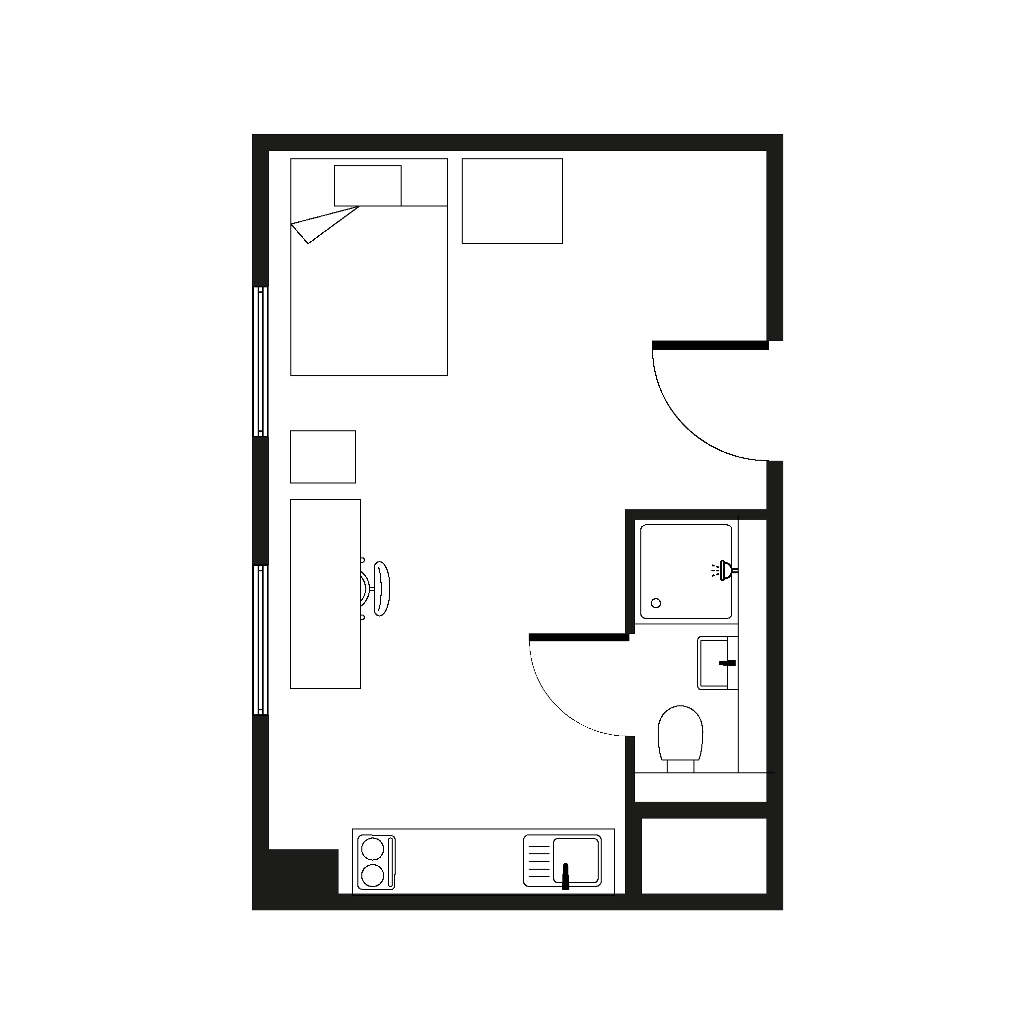 Modern studio apartment floor plan with open living space, efficient kitchenette, and a compact bathroom.