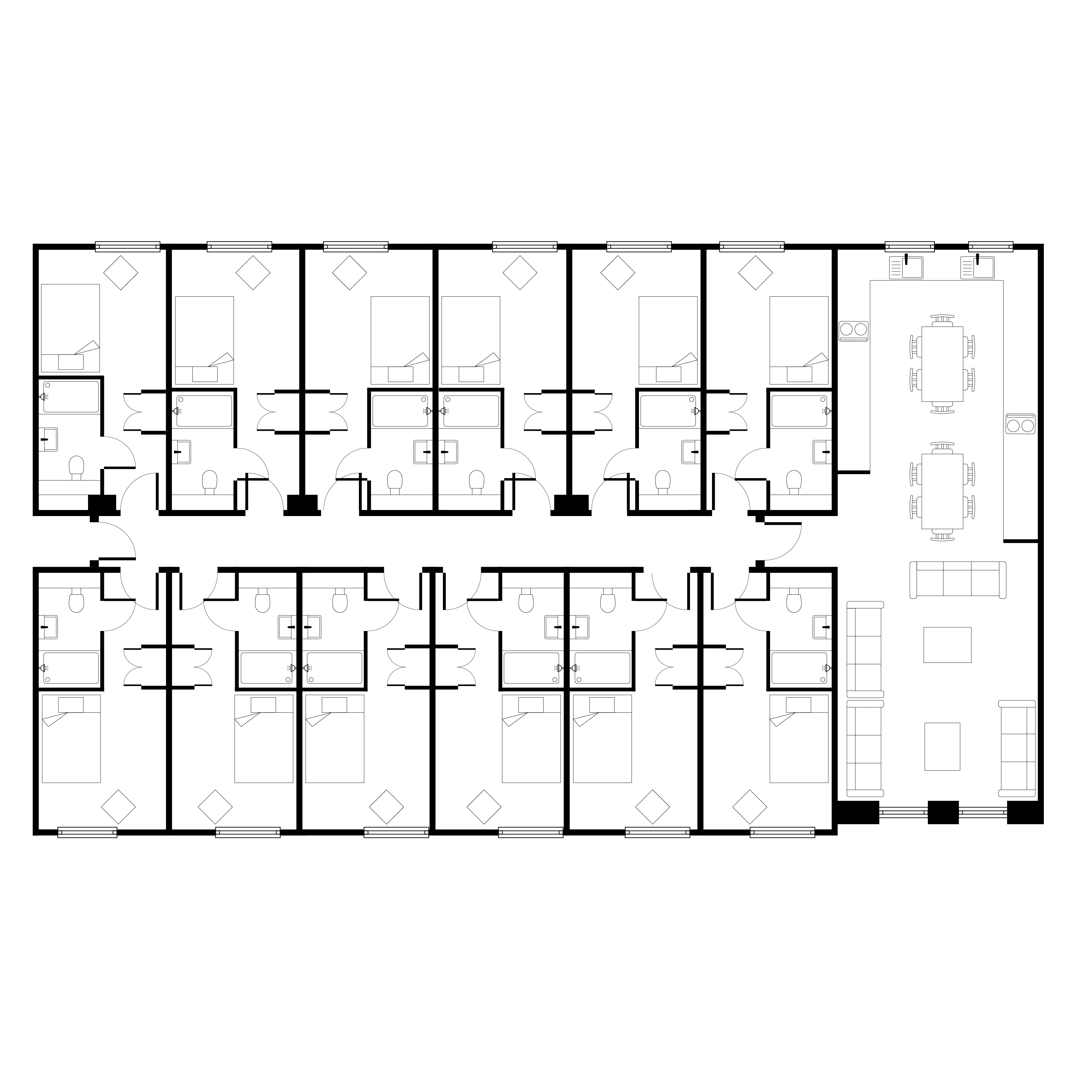 Elegant multi-unit floor plan showcasing six stylish bedrooms with en-suite bathrooms, spacious communal lounge, and modern dining area.