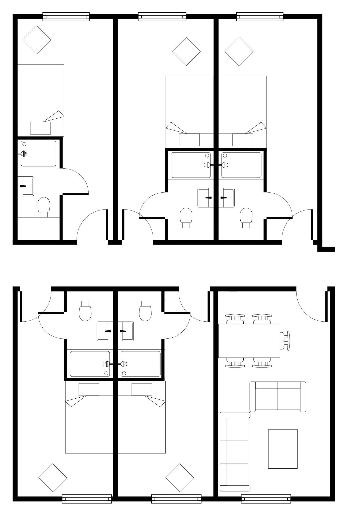 Contemporary floor plan showcasing 3 bedrooms, dual master baths, open living and dining area.