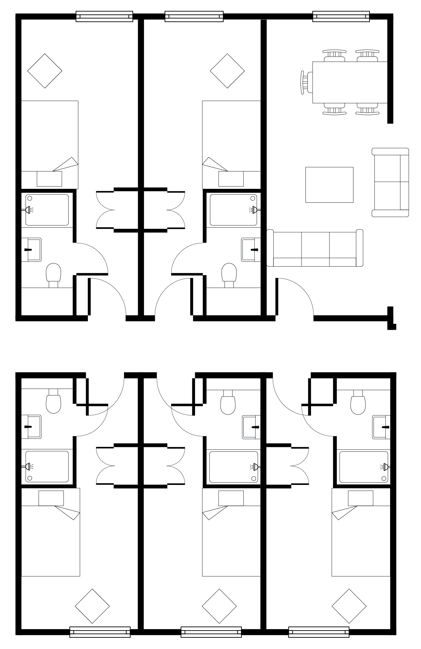 Elegant 2D floor plan with 4 bedrooms, each with an ensuite bathroom, and an open living-dining space perfect for modern living.