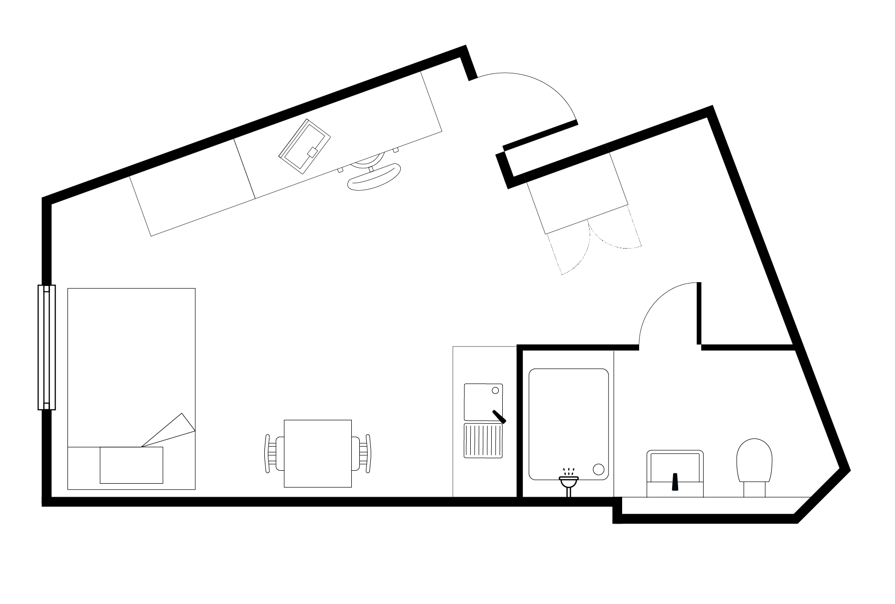 Chic studio apartment floor plan featuring an open sleeping area, compact kitchen, and full bathroom layout.