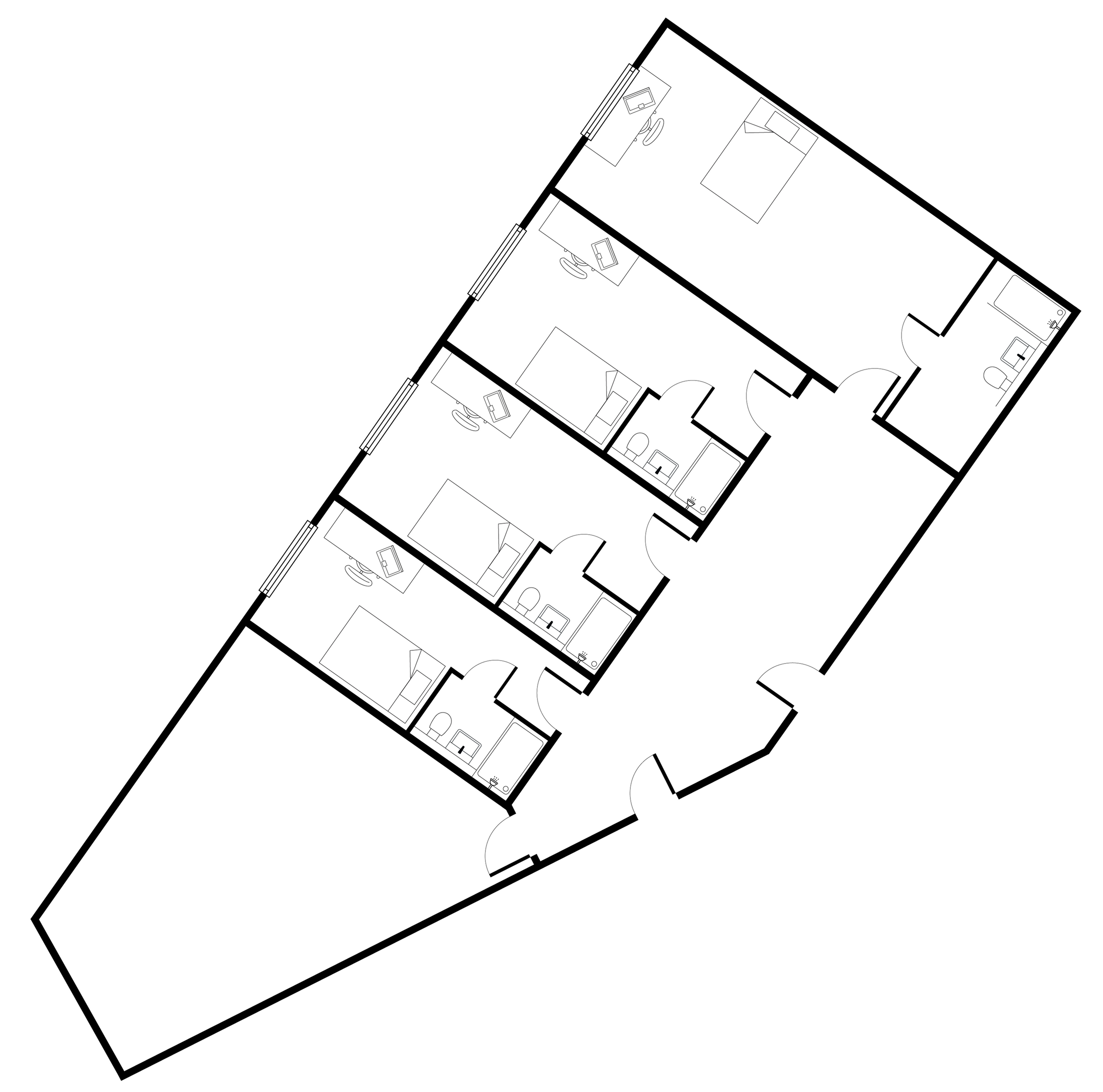 Modern floor plan featuring 4 bedrooms, 4 bathrooms, and ample living space with a unique layout.