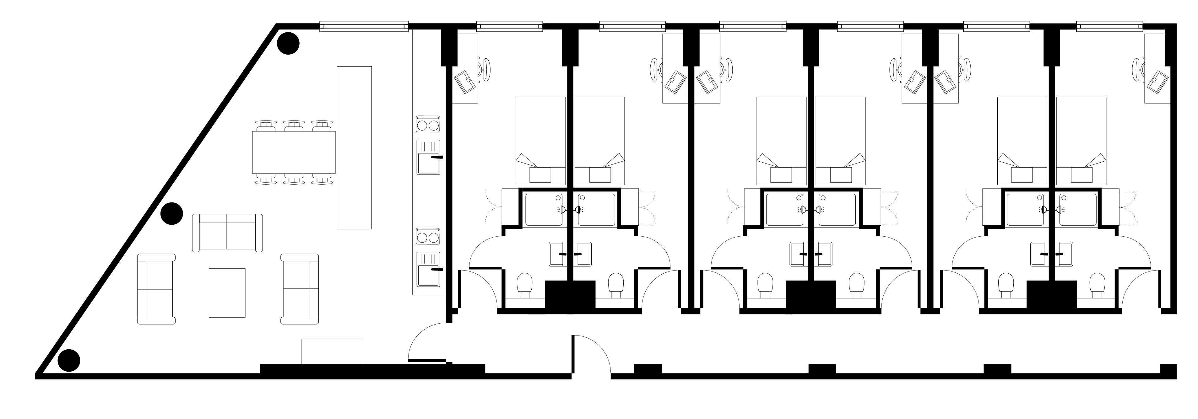 Modern apartment floor plan showcasing four bedrooms, expansive open-concept living and dining area, and sleek kitchen design.