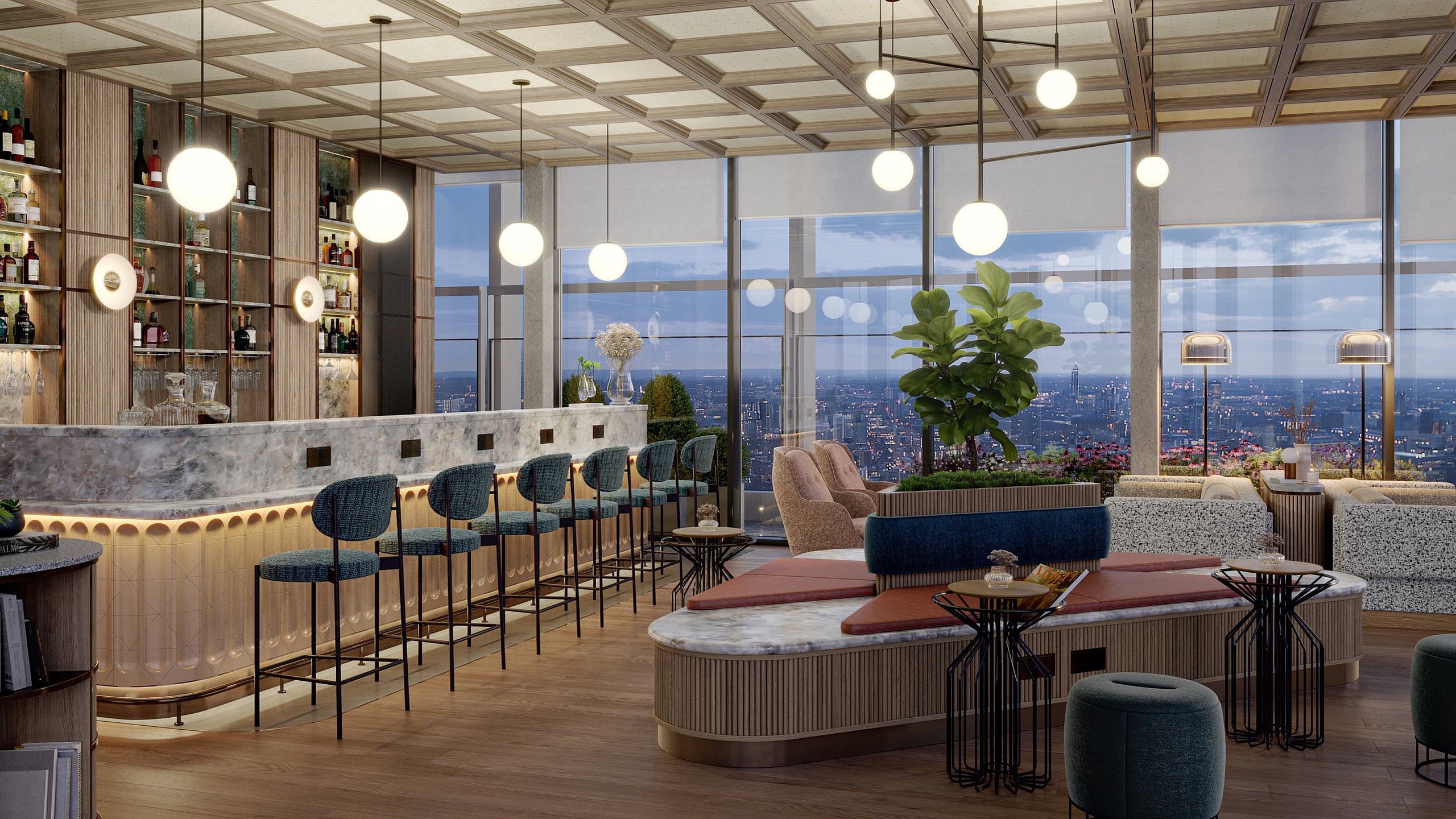 Elegant rooftop lounge with modern decor, stylish seating, and a panoramic city view through floor-to-ceiling windows.