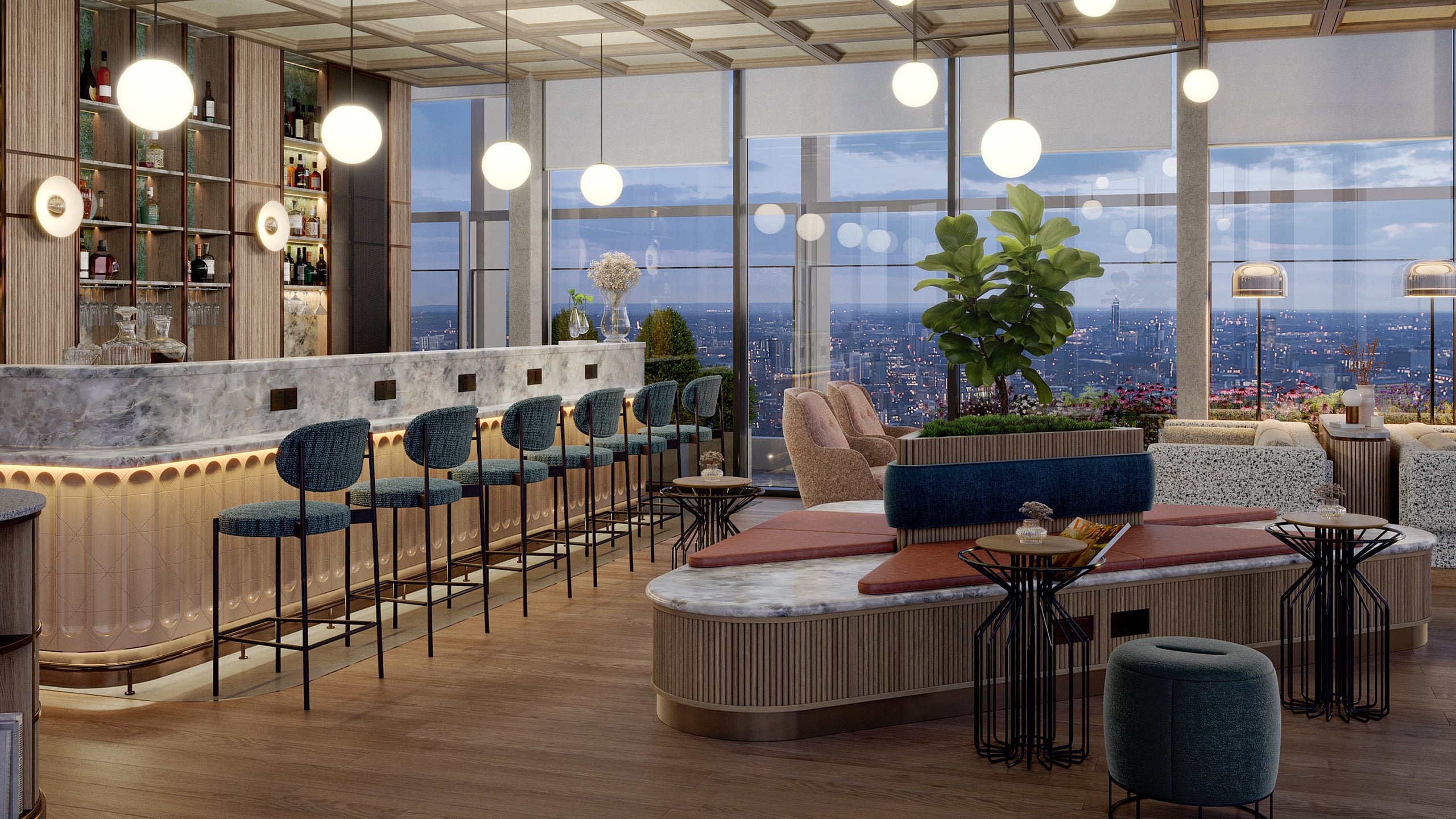 Luxurious high-rise lounge with panoramic city skyline views, featuring a stylish bar area, elegant seating, and modern ambient lighting.