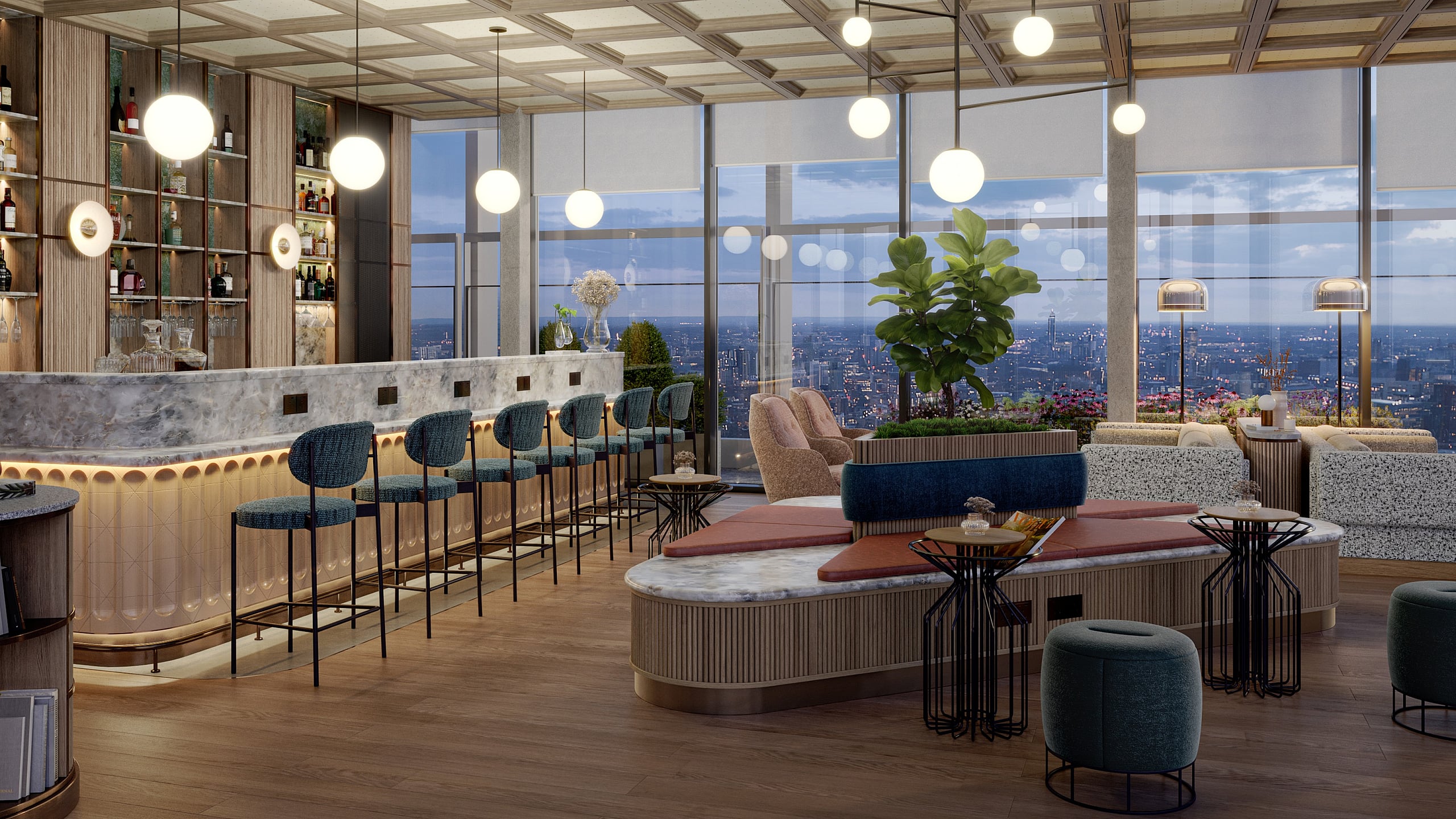 Luxurious rooftop lounge with elegant bar, stylish seating, and panoramic city views, perfect for relaxation and entertaining.