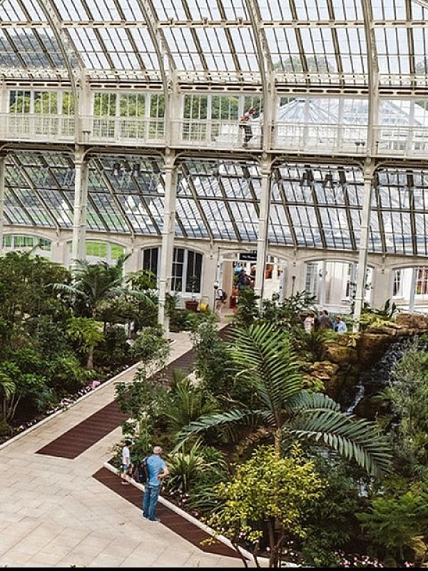 Stunning conservatory interior with lush greenery, elegant glass dome, and winding pathways.