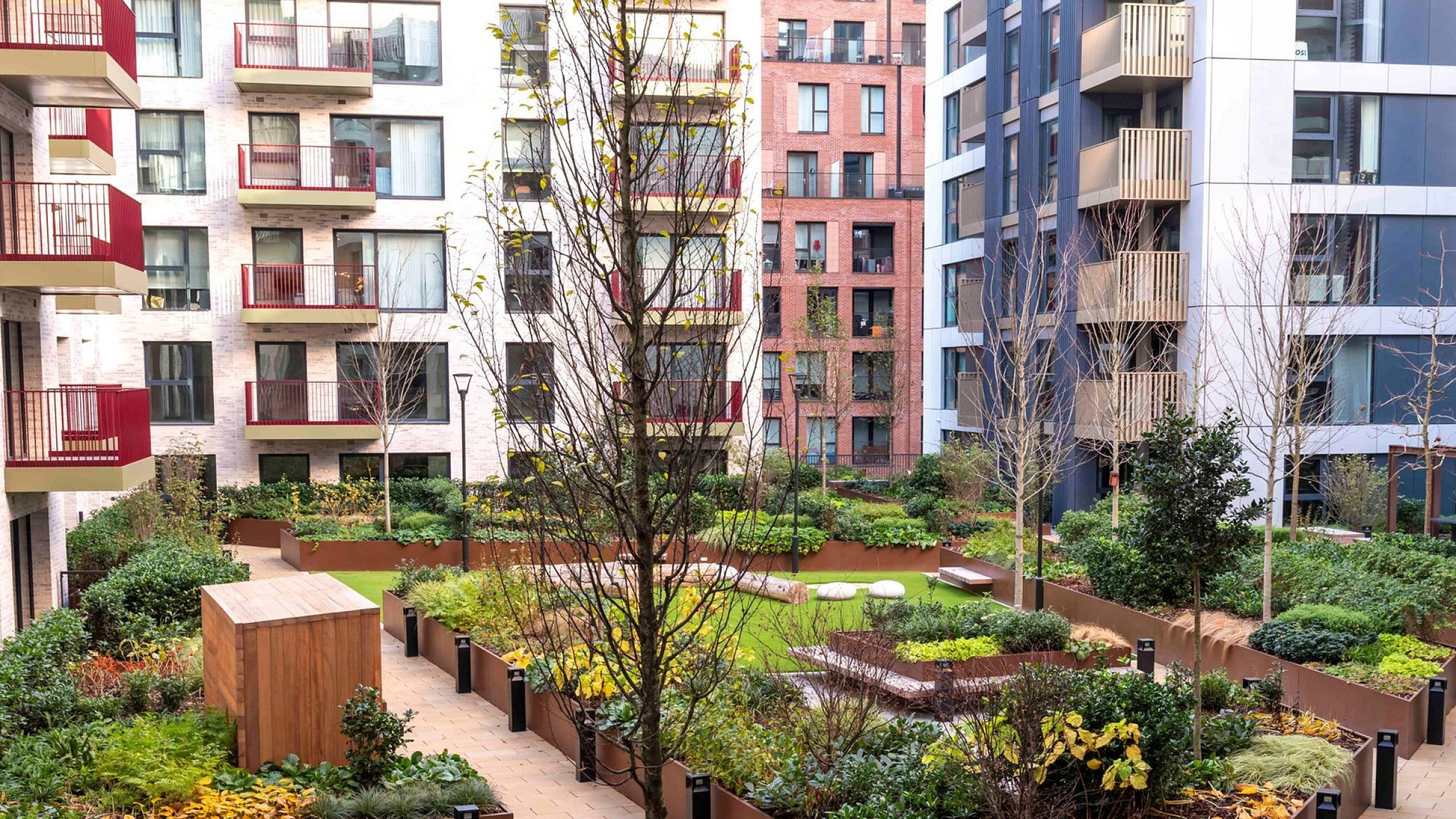 Charming urban courtyard garden surrounded by modern apartments, featuring lush greenery and contemporary design elements for an inviting community space.