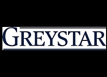 Greystar logo featuring elegant blue lettering with a sleek border design.