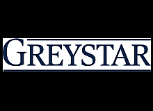 Greystar logo featuring bold navy blue lettering with a classic serif font, enclosed in a sleek border.
