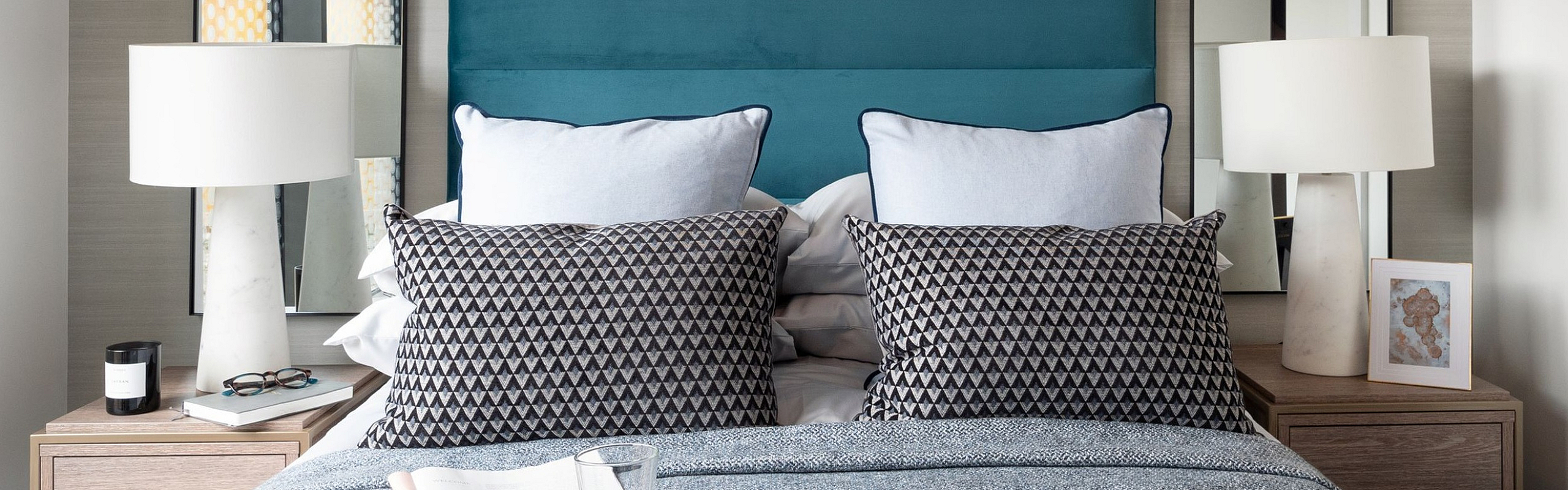Bed with teal headboard